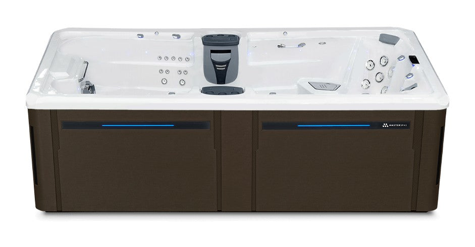 Trainer 15 D swim spa - White (Standard) shell with DuraMaster Dark Walnut (Standard) cabinet