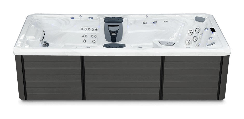 Trainer 15 swim spa - Sterling Silver shell with Graphite cabinet