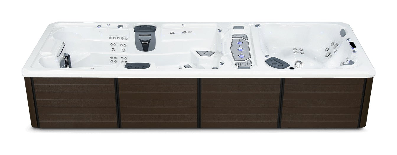 Trainer 21 swim spa - White (Standard) shell with DuraMaster Dark Walnut (Standard) cabinet