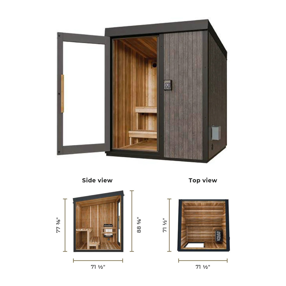 Visscher Luxe Line outdoor sauna - open door with dimensions