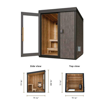Visscher Luxe Line outdoor sauna - open door with dimensions